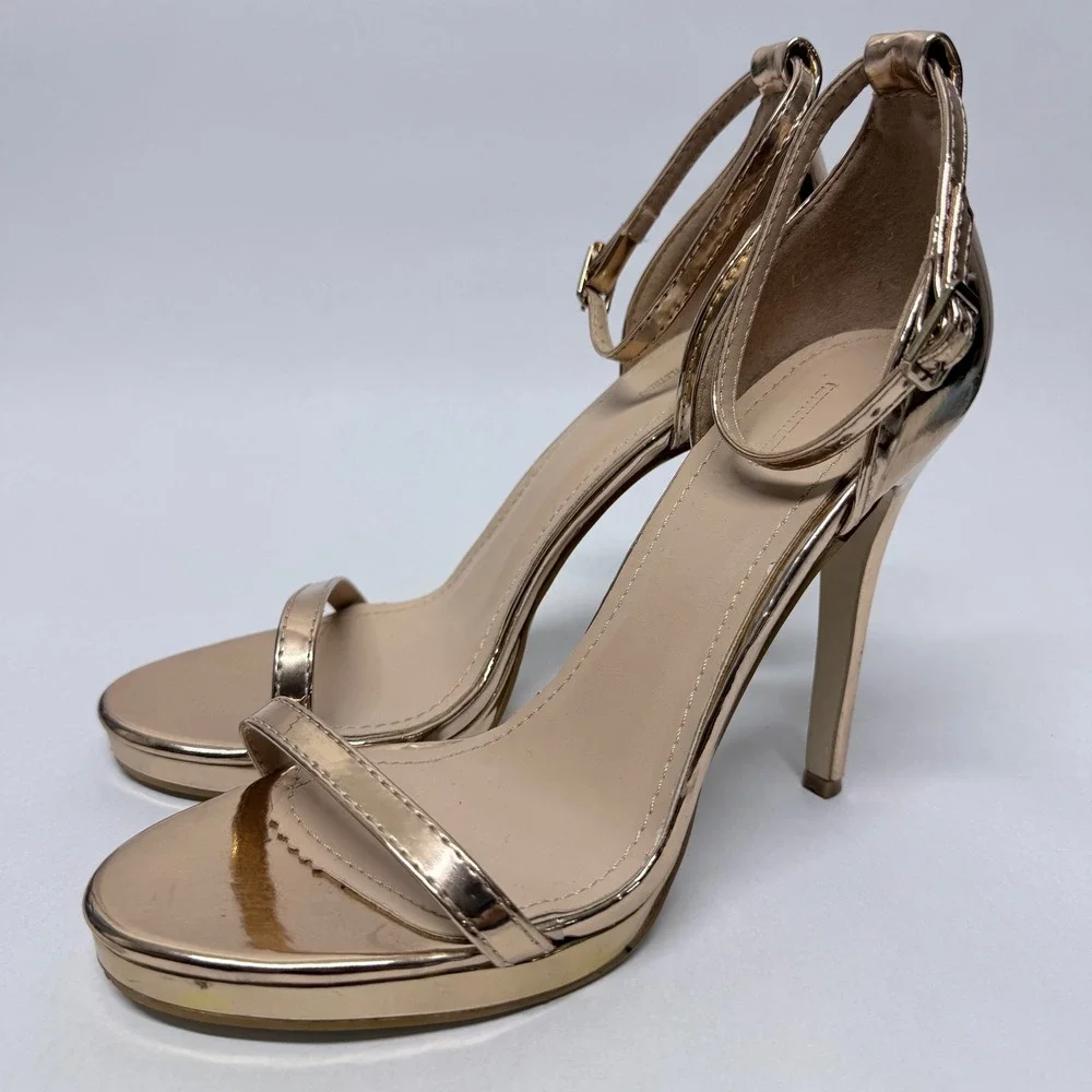 PrettyLittleThing Rose Gold Metallic Ankle Strap Stiletto Platform Sandals Sz 6